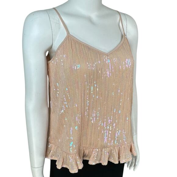 by Anthropologie Amelie Cami Tank Top Womens Size 6 Peach Pink Sequin Ruffle - Picture 4 of 15